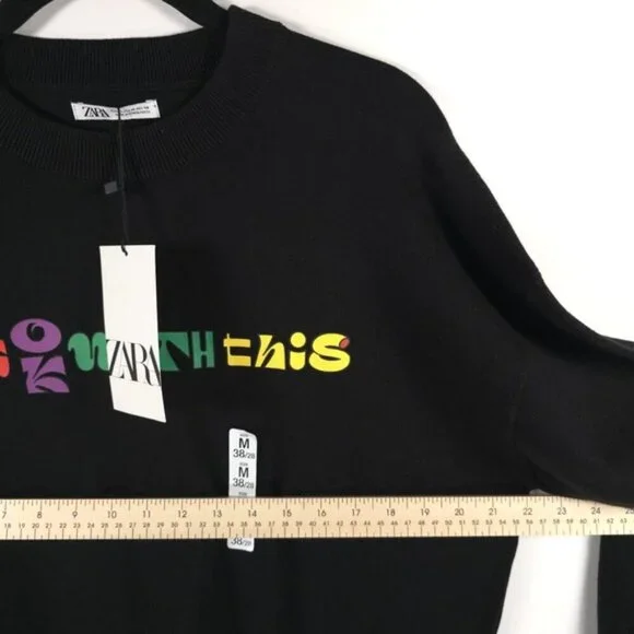 NWT ZARA “I’M OK WITH THIS” Text Print Black Crew Neck Knit Pullover Sweater M - Picture 7 of 11
